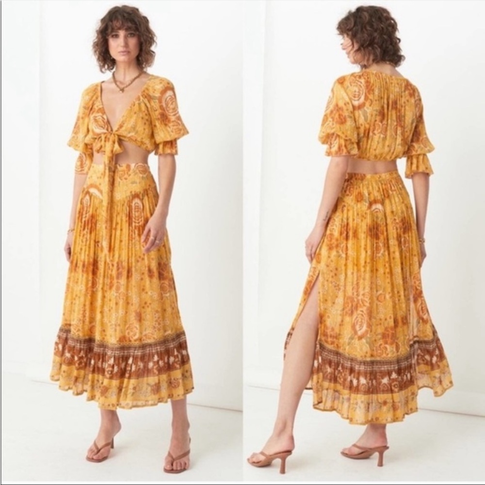 Spell & the Gypsy Mystic Sunflower Floral Boho Maxi Skirt Tied Crop Top Set